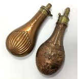 Two various copper and brass gunpowder flasks, an Improved Patent flask by James Dixon & Sons,