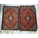 A pair of small hand knotted rugs with central blue and red floral medallions, corners with red