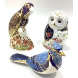 Three Royal Crown Derby paperweights, 'Daybreak Owl', 'Bronze Winged Parrot' and 'Blue Jay', all