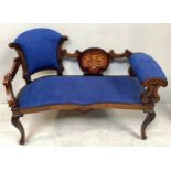 An Edwardian inlaid mahogany parlour sofa with one side raised back, central oval inlaid panel and