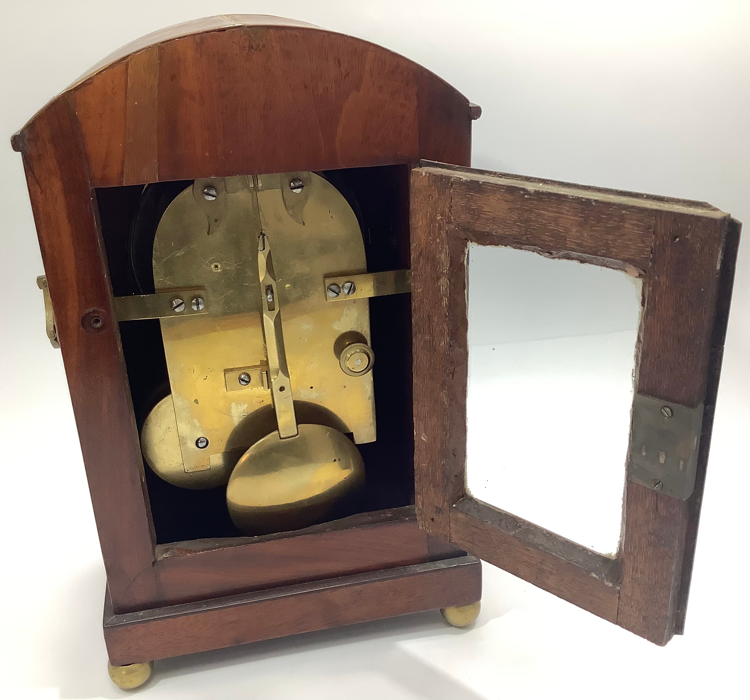 An Edwardian walnut and brass inlaid mantel clock with single fusee movement, white enamel dial with - Image 2 of 2