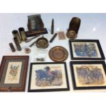 Various brass and copper trench art including lighter's, paring knives, candle stand and a Player'