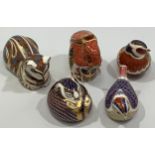 Five Royal Crown Derby paperweights, 'Red Squirrel', signed in gold by John Ablitt, a cat, two birds