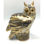 A Royal Crown Derby paperweight, 'Long Eared Owl', with printed marks to base and gold stopper,