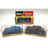 Three various Dinky Toys models including metallic royal blue Rolls Royce silver shadow No. 158, a