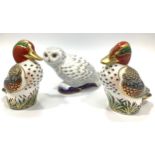 Three Royal Crown Derby paperweights, 'Snowy Owl' and two 'Green Winged Teals', all with printed