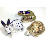 Three Royal Crown Derby paperweights, 'Indian Star Tortoise', 'English Rabbit Blue' and 'Chameleon',
