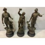 Three various bronzed figures of blacksmiths at work, one with plaque 'Forgeron Par Aug Moreau