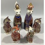 Six Royal Crown Derby paperweights including two Royal cats, 'Egyptian' and 'Abyssinian', both