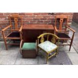 A pair of Liberty style carver chairs with pierced tulip splats, together with a corner chair with