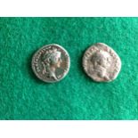 Two Roman silver coins ' a Tiberius denarius and a lower grade Vespasian AR denarius.