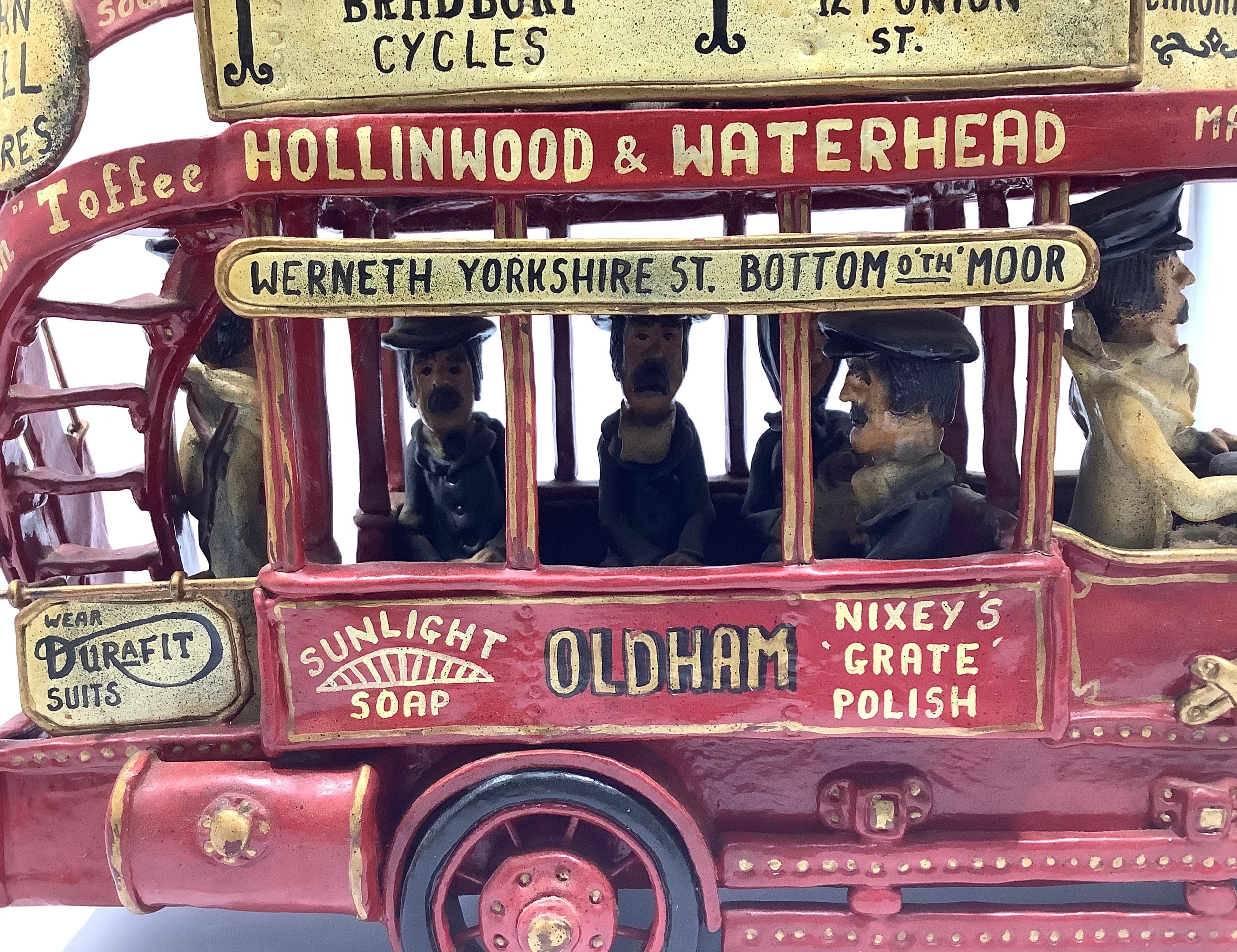 A novelty model of an open-topped double decker bus with seated figures in Victorian dress top and - Image 3 of 3