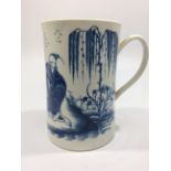 An 18th century Worcester porcelain tankard, with strap handle, and painted in 'The Gardener'