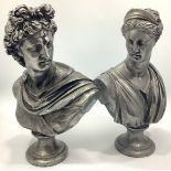 A pair of silvered busts of Diana the Roman Goddess of the hunt and her twin brother Apollo (neck