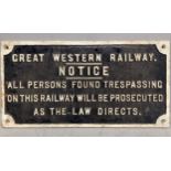 A Great Western Railway cast iron sign notifying 'trespassers will be prosecuted', measures as