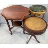 Three various occasional tables including a gilt painted circular table with green marble top (