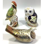 Three Royal Crown Derby paperweights, 'Green Woodpecker', 'Twilight Owl' and 'Turtle Dove', all with