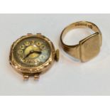 A 9ct gold gent's signet ring, 4.89g together with a ladies 9ct gold cased cocktail watch, lacking