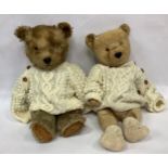 Two various vintage teddy bears with cable-knit jumpers, 45cm long