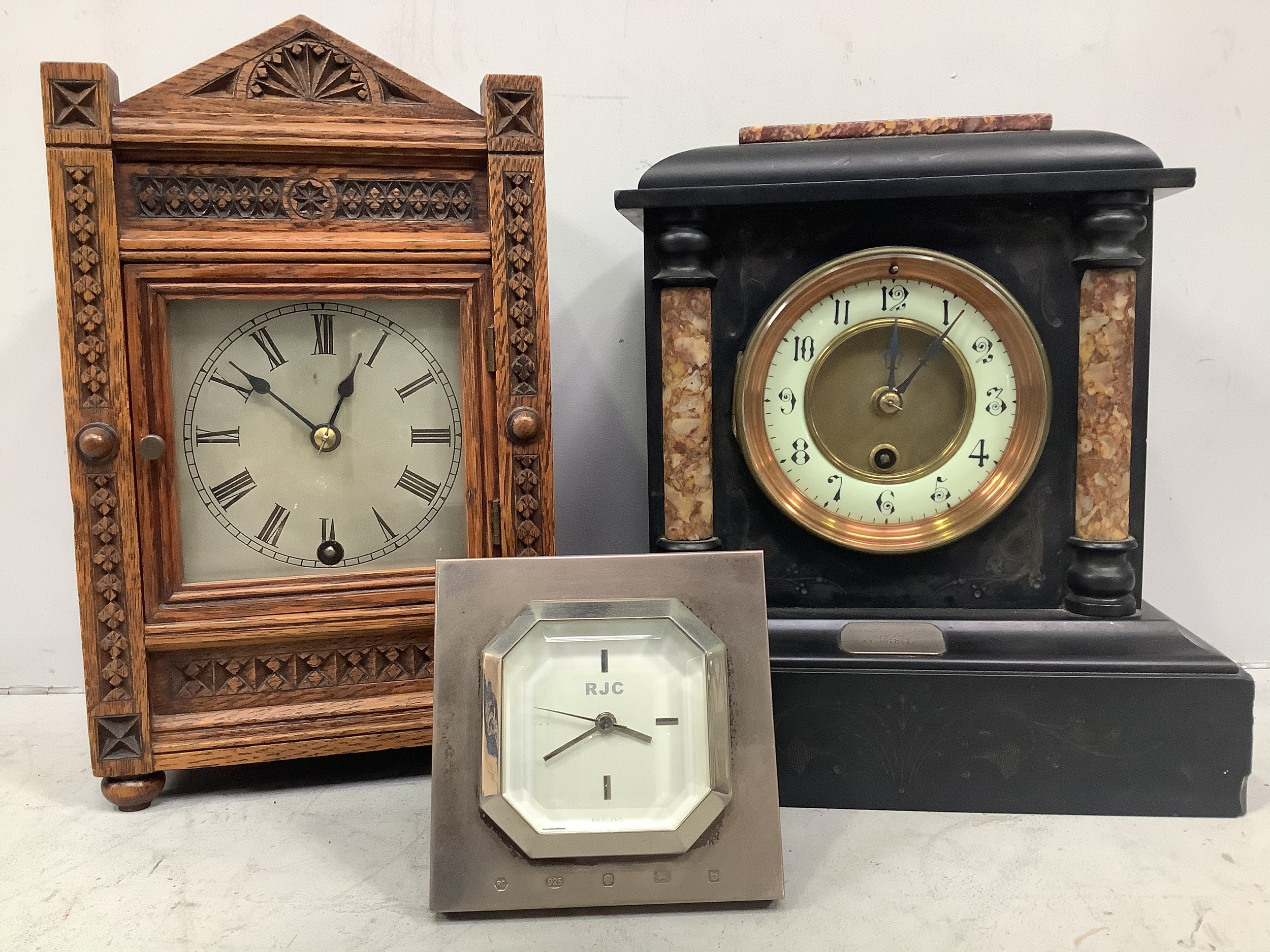 A small easel clock with silver case by Carr's of Sheffield Ltd, hallmarked Sheffield, 2001,