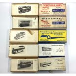 A collection of boxed Westward, Pirate and other white metal model kit buses kits. Including