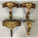 A pair of gold wall mounted console shelf's with ornate leaf scrolled supports together with two