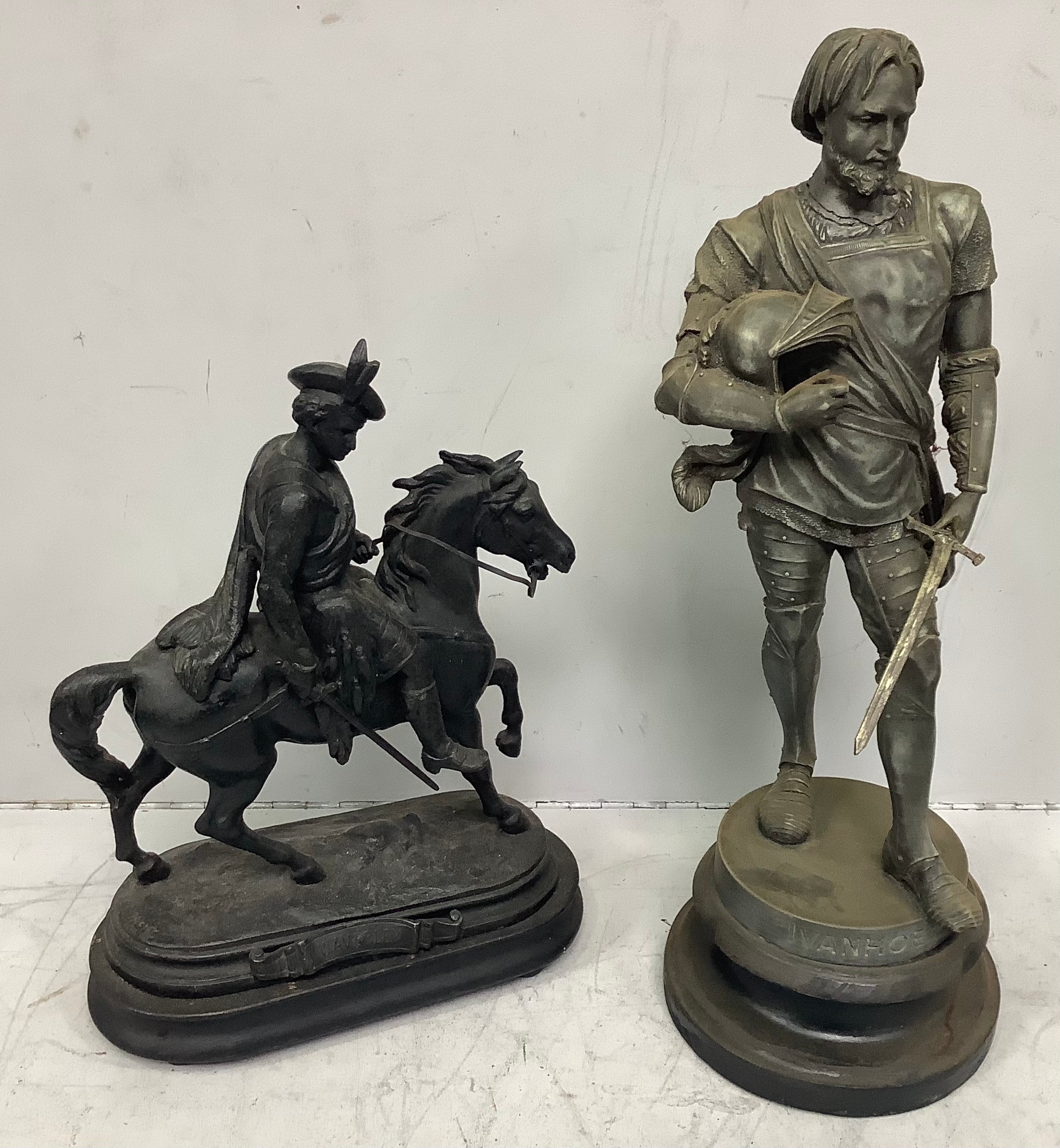 A spelter figure of Ivanhoe holding his helmet in right hand and sword in his left, raised on