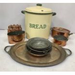 An oval multi-turreted copper jelly mould 12 x 17cm wide, no markings, together with some copper and