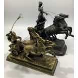 A brass figure group of a Roman centurion in a horse-drawn chariot, signed 'A Santorini', raised