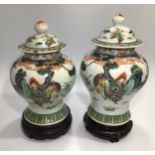 A pair of 19th century Chinese porcelain baluster vases and domed covers with finials, decorated