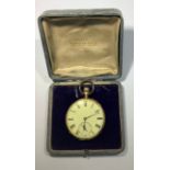 An 18ct gold open-face pocket watch, the white enamel dial with Roman numerals denoting hours and