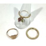 Three assorted gold rings, two hallmarked 9ct gold, the other unmarked and broken, tests as 9ct gold