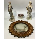 Two Lladro figures, country girl with basket and country man together with a Prattware pot and