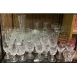A quantity of drinking glasses including Waterford crystal wine glasses, vase and heart shaped