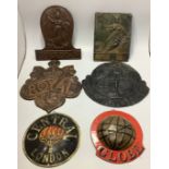 Six various pressed metal fire insurance plates / plaques including Royal Liver, Globe, Guardian,