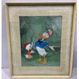 An Original hand painted celluloid drawing depicting Donald Duck and Huey, with label to verso