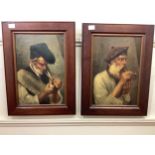 Two portrait studies of elderly continental gentleman wearing hats and smoking pipes, indistinctly