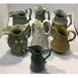 Seven various jugs including a white Naomi jug, Ridgway & Abington wedding scene, Edward Walley Good