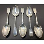 Five Victorian silver tablespoons, four hallmarked Exeter, 1856, maker's mark of Edwin Sweet, one
