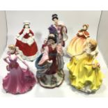 Three Royal Doulton porcelain figurines 'Pretty Ladies', together with a Coalport Ladies of