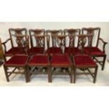 A set of nine Chippendale style dining chairs with burgundy velour seats comprising of 7 chairs