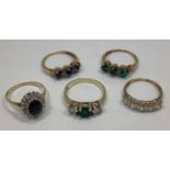 Five various 9ct gold ladies dress rings, variously set with CZ and soloured stones, 11.6g