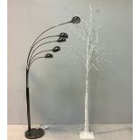 A five-light overhanging metal floor lamp, raised on cylindrical support to heavy circular base,