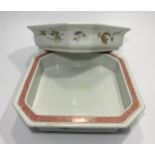 A pair of Chinese porcelain square shallow dishes with canted corners, painted stylised cloud