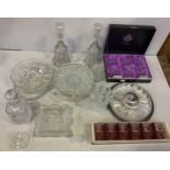 A boxed set of six Edinburgh lead Crystal whisky glasses, two glass decanters, a lead crystal