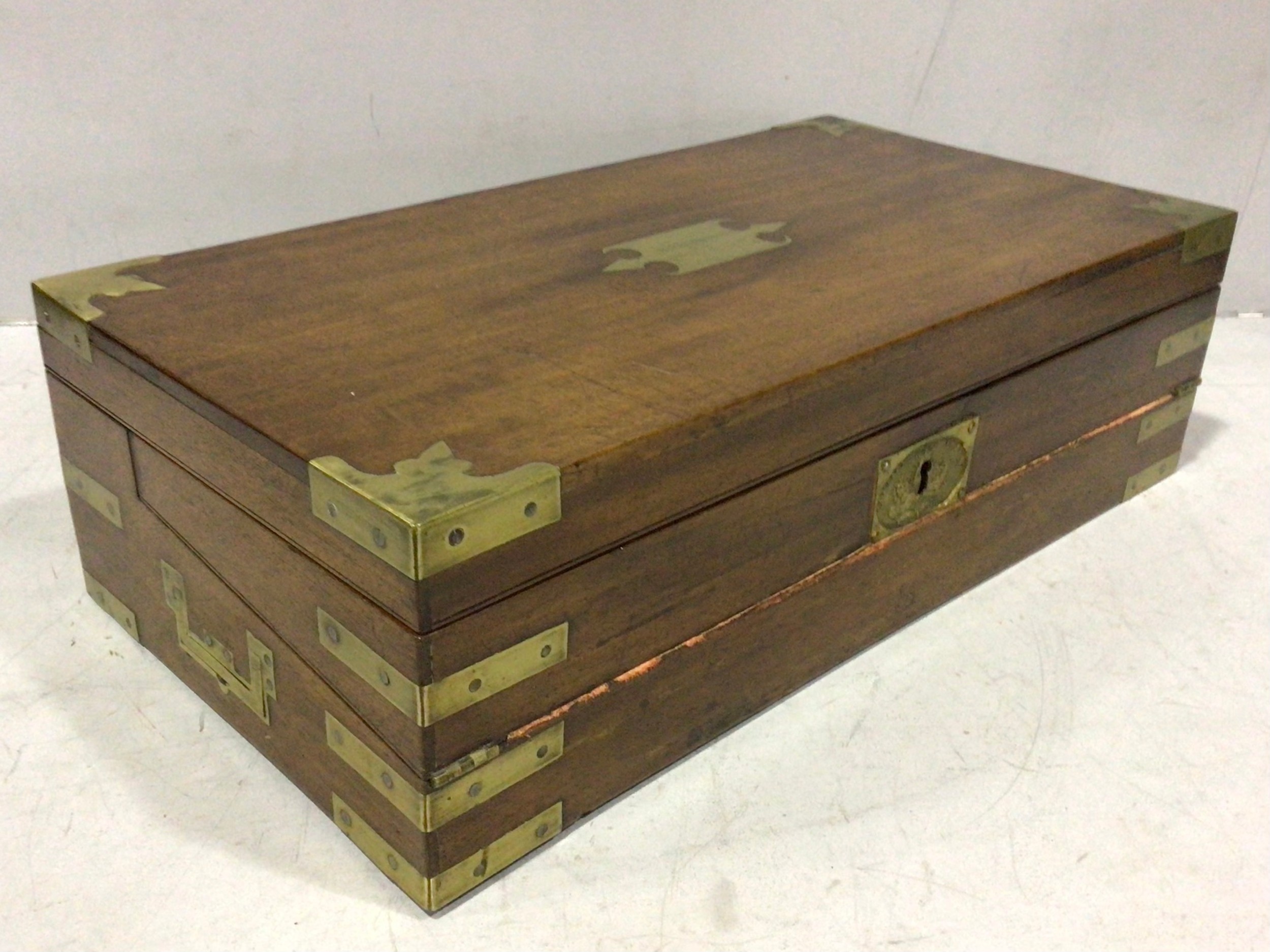 A Regency Campaign-style brass-bound mahogany 'Tompson Patent' writing slope, the hinged rectangular - Image 2 of 4