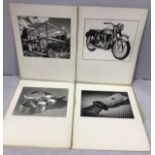 A collection of 17 assorted monochrome photographs depicting building scenes, Norton motorcycles and