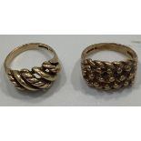 A 9ct gold three-row plait ring, size L, and a 9ct gold twisted open-rope ring, size J, 7.9g