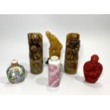A pair of Chinese carved soapstone figural seals and carved soapstone figure of a sage, carved red