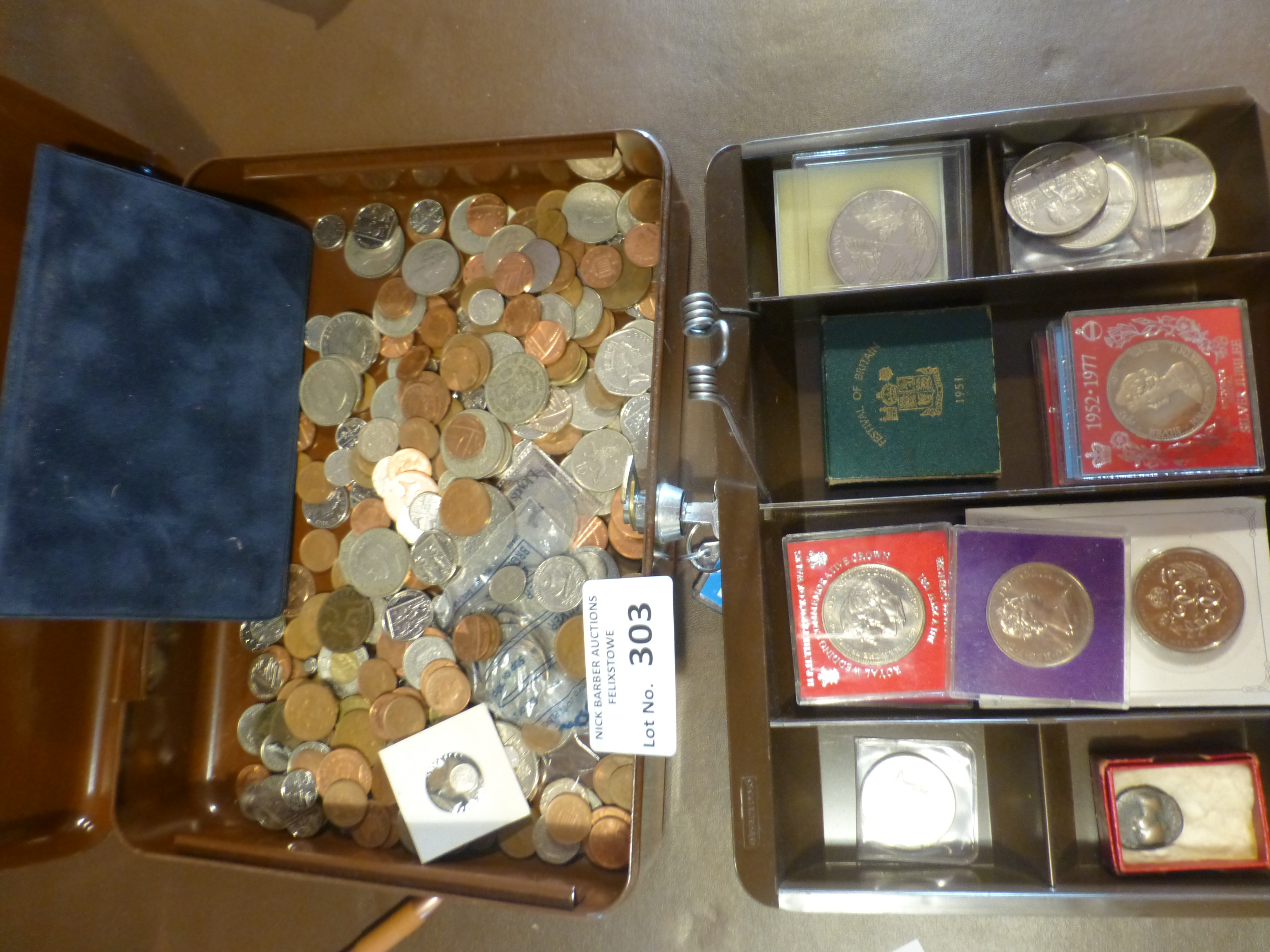 Coins : Old fashioned cash tin with mostly modern